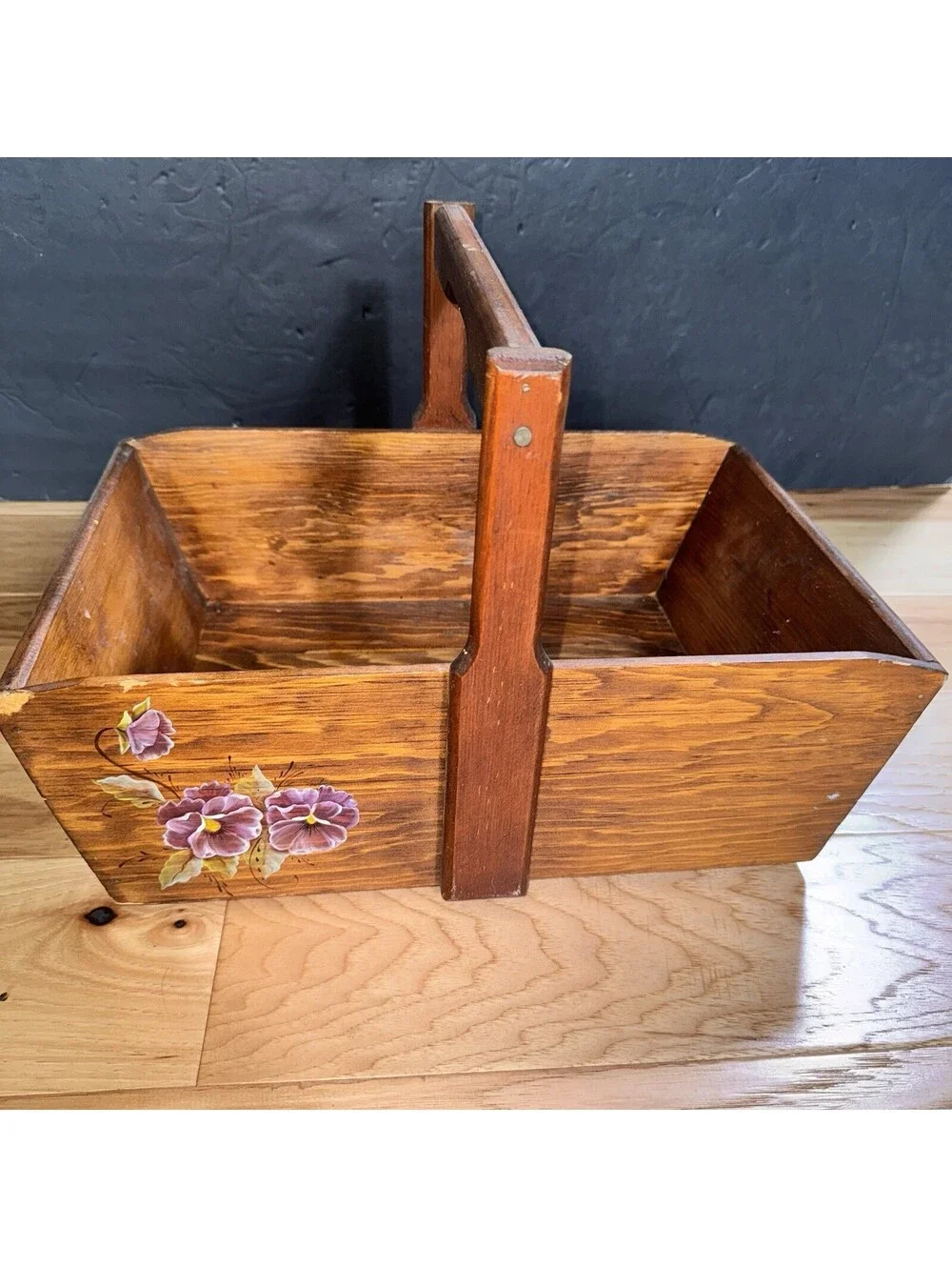 Old Hand Painted Wooden Tote Basket Floral Pansy Design Farmhouse Decor Rustic